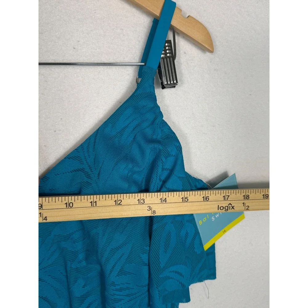 Bal Harbour Swim One‎ Piece Women 14 Teal Blue Ruffle Tropical Palm Leaf NEW